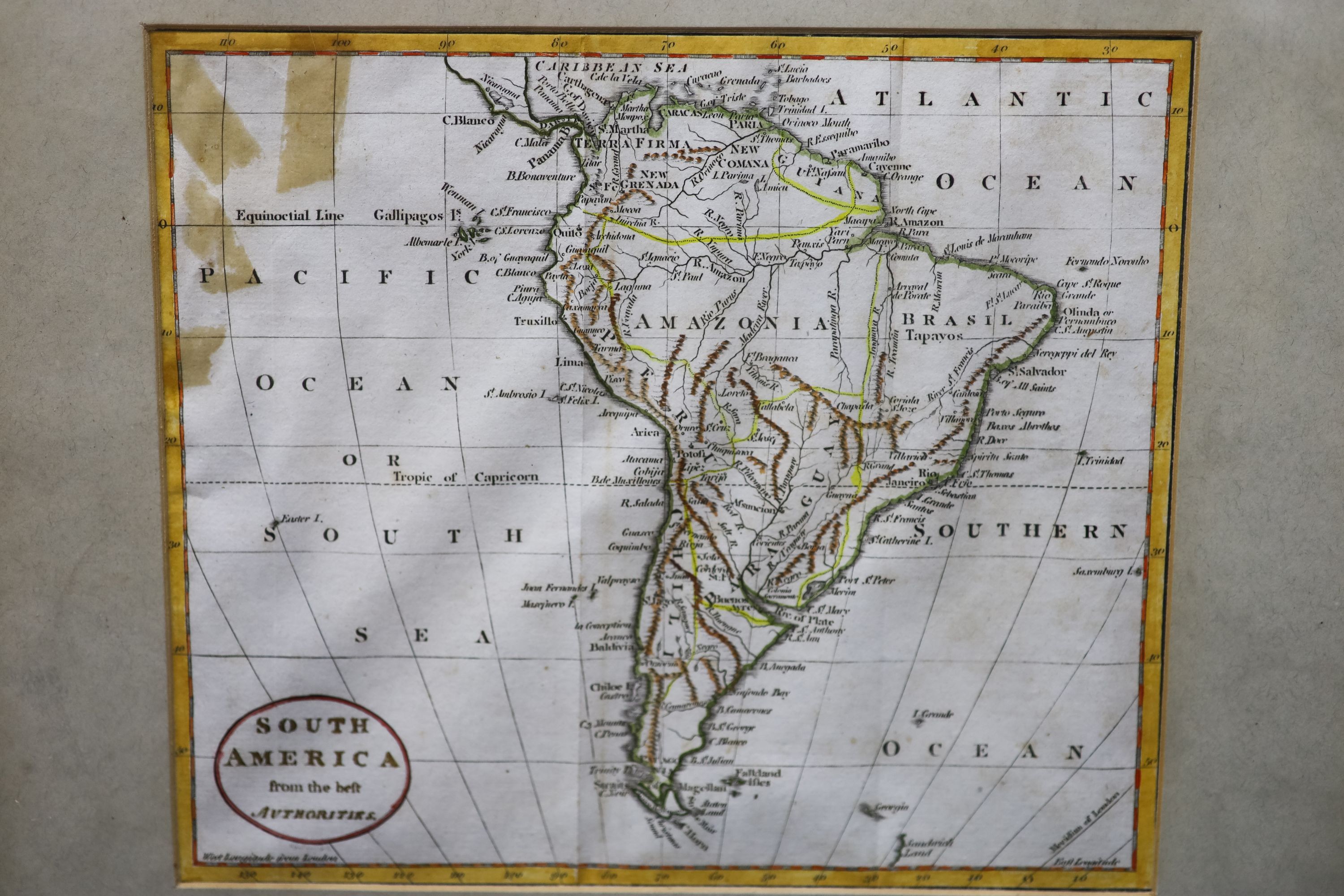 A mid 18th century French coloured engraved map of the Coasts of Spain and Portugal by Bellin, 1751, 91 x 57cm and two later maps of South America and Turkey and Europe